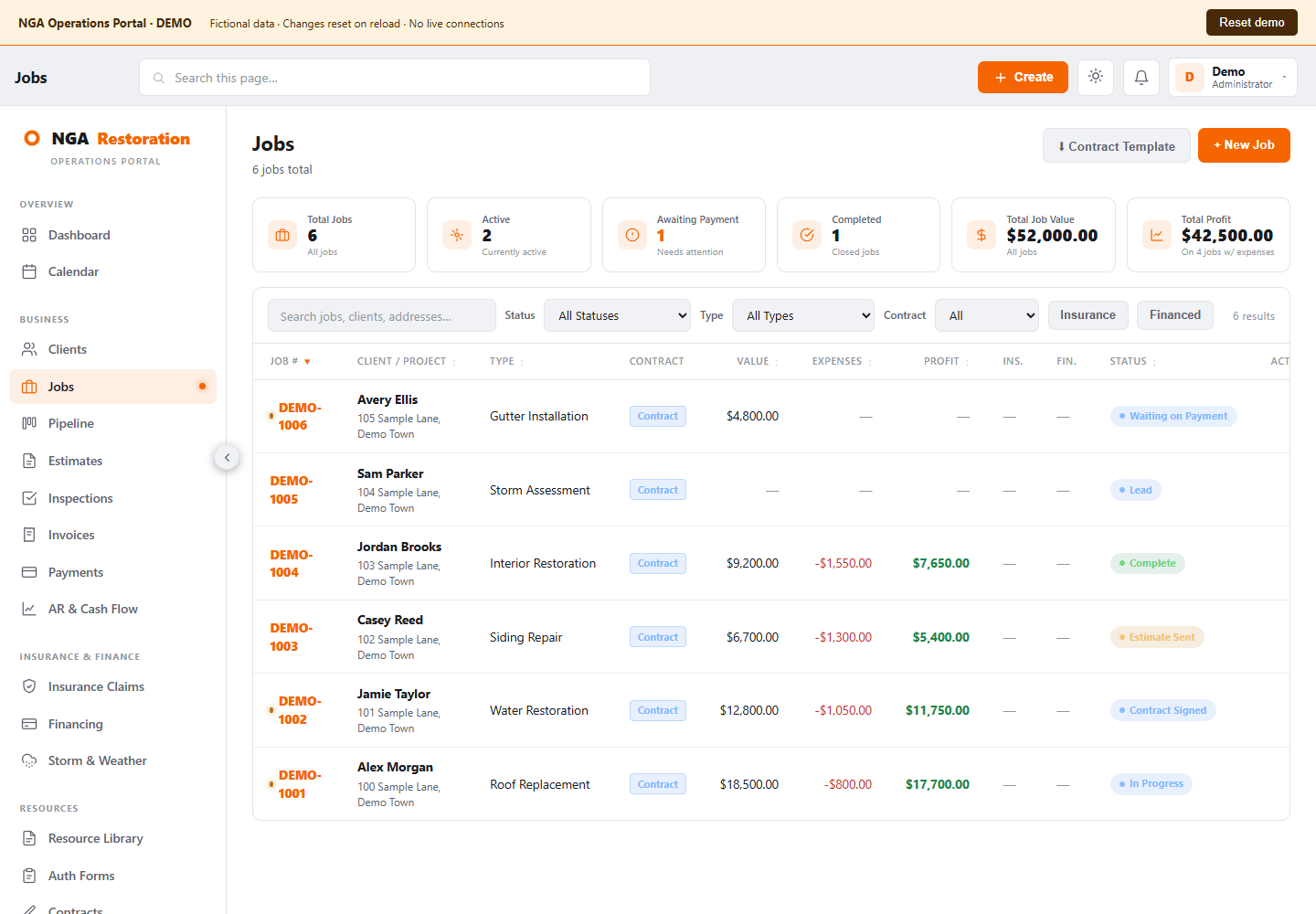 NGA operations portal demo with fictional job records